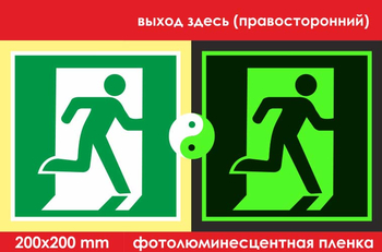 E01-02 выход здесь (правосторонний) (ГОСТ 34428-2018, фотолюминесцентная пленка, 200х200 мм) - Знаки безопасности - Фотолюминесцентные знаки - Магазин охраны труда ohranatruda-shop.ru